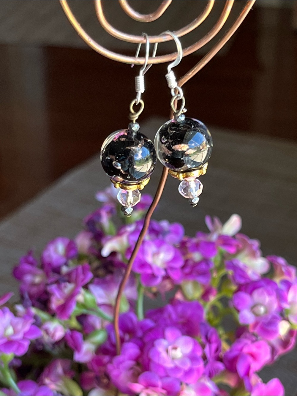 Handcrafted Black lampwork Glass  bead Globe Drop Earrings with Gold Accents